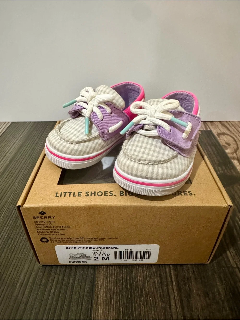 Sperry Intrepid Crib Gingham Boat Shoes Girls Toddler Size 2M Pink Purple